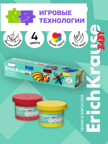 Тесто для лепки 4 цвета, 140 г, ErichKrause Baby, с Алоэ Вера, натуральные компоненты
